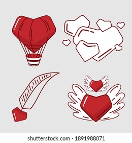 red hearts isolated, in the form of a balloon, clouds, with wings and a feather