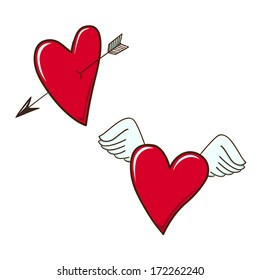 Red hearts. Isolated sketch vector elements for romantic design