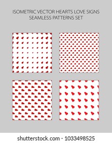 red Hearts in isometric view. Seamless pattern. Four options.