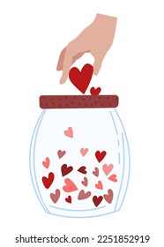 Red hearts in a jar. The concept of goodness, love, support. Charity and donations. Bright illustrations for thank you cards, mother's day, care, greeting cards and more.Vector.