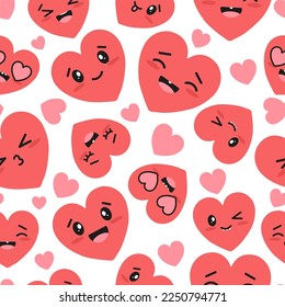 Patrón sin fisuras de los corazones rojos Kawaii. Ilustración vectorial. Antecedentes del día de San Valentín.