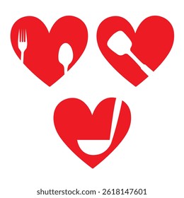 Red hearts with kitchen utensils drawn on them isolated on a white background