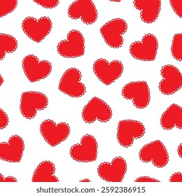 Red hearts with lace edge vector seamless pattern. Scalloped Edge Heart Valentines day frill texture