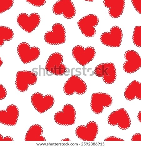 Red hearts with lace edge vector seamless pattern. Scalloped Edge Heart Valentines day frill texture