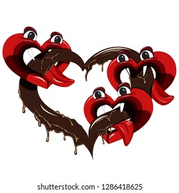Red hearts with large sharp teeth eat heart-shaped chocolate candy, which they received as a gift for St. Valentine`s Day.