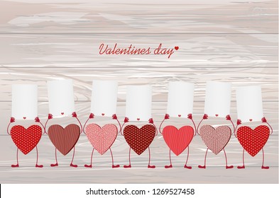 Red hearts with legs and hands holding empty blanks  pages for your text or advertisement.
Greeting card on Valentine's Day. Vector illustration on a wooden background.