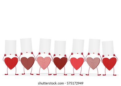 Red hearts with legs and hands holding empty blanks  pages for your text or advertisement.
Greeting card on Valentine's Day. Vector illustration on a white background
