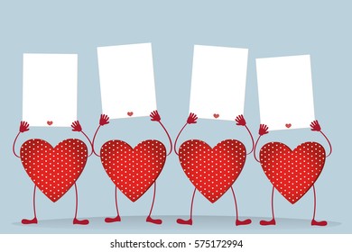 Red hearts with legs and hands holding empty blanks  pages for your text or advertisement.Greeting card on Valentine's Day. Vector illustration on a blue background