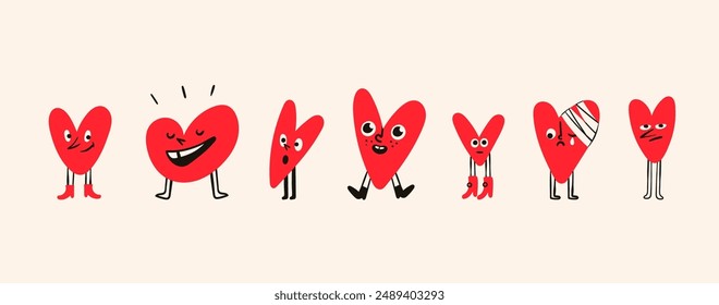 Rote Herzen mit Beinen und Schuhen. Verschiedene Stimmungen, Emotionen im Gesicht. Cartoon-Stil. Nette lustige Charaktere. Handgezeichnete Vektorillustration. Liebe, Valentinstag, Liebeskonzept. Isolierte Design-Elemente