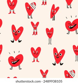 Red Hearts with legs and shoes. Various mood, face emotions. Cartoon style. Cute funny characters. Hand drawn Vector illustration. Love, Valentine's day, romance concept. Square seamless Pattern