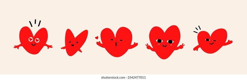 Corazones rojos con piernas y zapatos. Varios sentimientos, emociones de cara. Estilo de dibujos animados. Lindos personajes divertidos. Ilustración vectorial dibujada a mano. Amor, día de San Valentín, concepto de romance. Elementos de diseño aislados