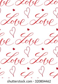 red hearts and letters seamless pattern on white background