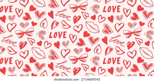 Red hearts, lips, a bow, and the word love in doodle style, a seamless pattern for Valentine's Day. Vector.
