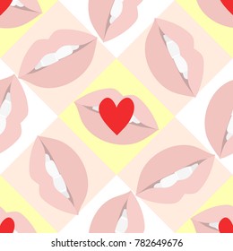 Red hearts and lips vector seamless pattern. Wedding decoration.