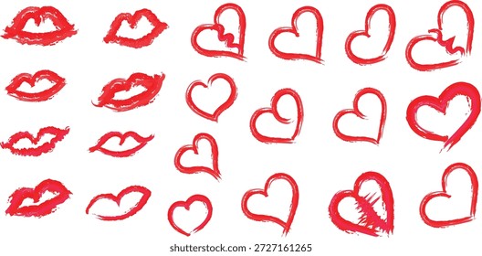 Conjunto de Vector de corazones y labios rojos para el día de San Valentín - Diseños románticos de amor para Boda y aniversario Tarjeta de felicitación