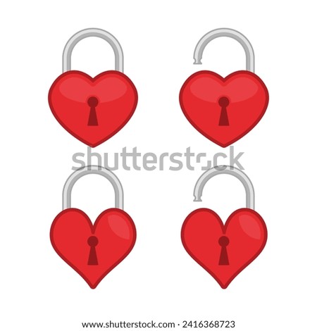 Red hearts lock shape set. Open and closed padlock heart. 