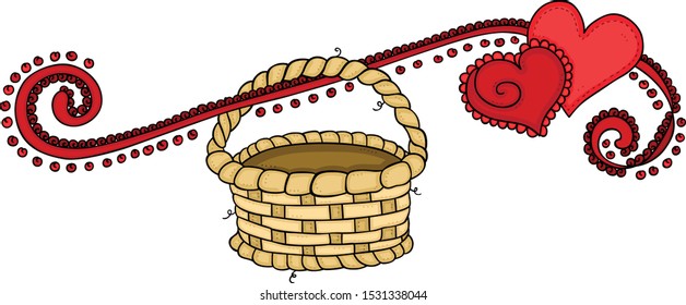 Red hearts of love banner with empty basket hanging

