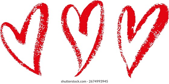 Corazones rojos hechos con pinceladas. Efecto visible del pincel seco sobre papel texturizado. Símbolo del amor y el día de San Valentín. Elemento de Vector para el diseño de vacaciones, aislado en blanco.
