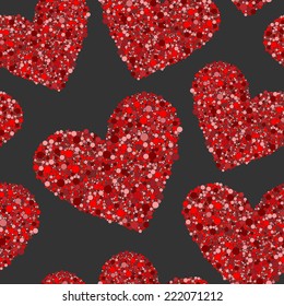 red hearts made from small circles on black vector seamless background 