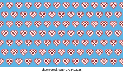 Red hearts made from square blocks in a repeating pattern against a light blue background