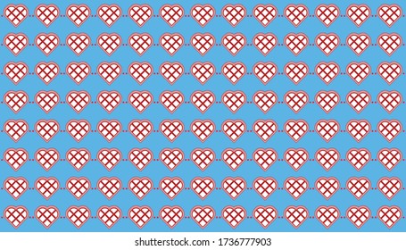 corazones rojos hechos de bloques cuadrados conectados por líneas horizontales en un patrón repetido contra un fondo azul claro