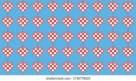 corazones rojos hechos de bloques cuadrados conectados verticalmente en un patrón repetido contra un fondo azul claro