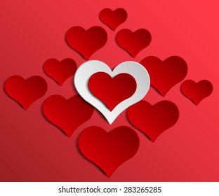Red hearts on a red background. Effect of application