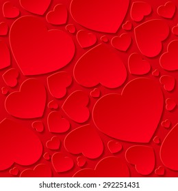 Red hearts on red background - seamless pattern.