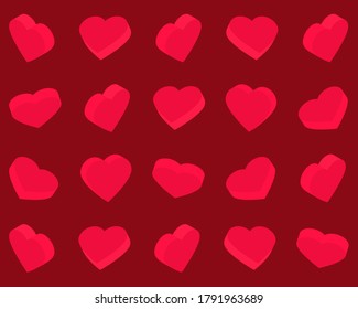 Red hearts on a red background. Vector illustration for fabric design, print for textile, wrapping, wed design, packaging, etc. Other hearts patterns in my collection.