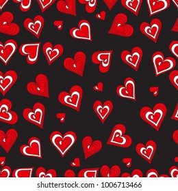red hearts on a black background, seamless pattern. Freehand drawing vector.