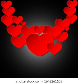 Red hearts on black background. Sign of love. Vector illustration.