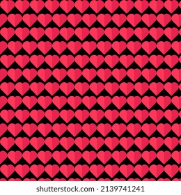 Red hearts on black background. Simple hearts seamless pattern. Valentine's day background. Flat design endless chaotic texture made of tiny heart silhouettes. Red tones.