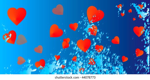 red hearts on blue-card for Valentine's Day