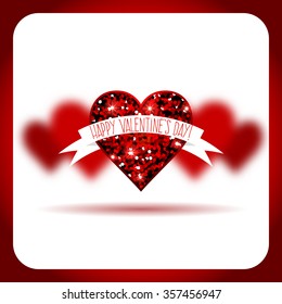 Red hearts on Blurred vector background with glitter stars, lights, sparkles. Valentine's Day Romantic Backdrop