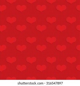 Red hearts on checkered background.Seamless geometric background. 3D layered and textured pattern with realistic shadow and cut out effect.