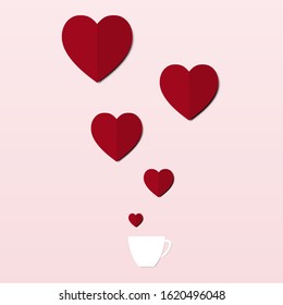 Red hearts on coffee cup. paper cut work. Happy Valentine's Day card. coffee in love.