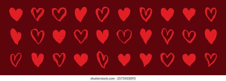 Red hearts on a dark background. Red hearts repeat in rows. Heart pattern creates a romantic, love-themed design. Red hearts symbolize love and passion. Cute hand drawn Valentine's Day vector.