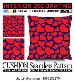 Red hearts on dark blue background. Cushion mockup and seamless pattern to celebrate valentine day. Isolated and editable. CMYK color space ready to print. This pattern can also used for other.