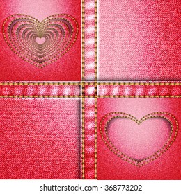 Red hearts on denim texture, background, Valentine's Day, vector, eps10