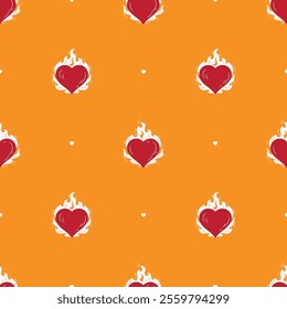 Red Hearts on Fire Seamless Pattern. Burning Heart Symbol of Love for Valentine day design. Bright Yellow Background. Hand drawn vector illustration.