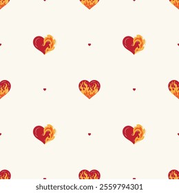 Red Hearts on Fire Seamless Pattern. Burning Heart Symbol of Love for Valentine day design. Hand drawn vector illustration.