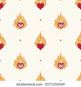 Red Hearts on Fire Seamless Pattern. Burning Heart Symbol of Love for Valentine day design. Hand drawn vector illustration.	
