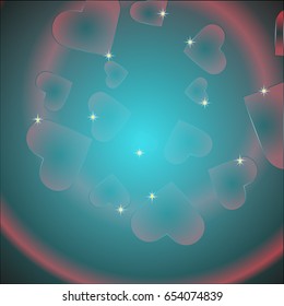 Red hearts on gradient red-black background with stars and blue color