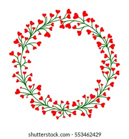 red hearts on green branches. vector frame. copy space
