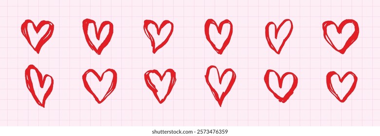 Red hearts on a grid background. Hand-drawn hearts in red. Simple red heart illustrations. Red hearts, grid pattern, hand-drawn style. Cute hand drawn Valentine's Day vector set.