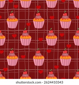 Сupcakes with Red hearts on grid cell checkered seamless pattern, pastry Valentines day texture 