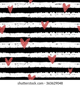 Red hearts on hand drawn striped background. Glitter seamless pattern, for textile, wrapping, wallpaper, wedding, valentine cards