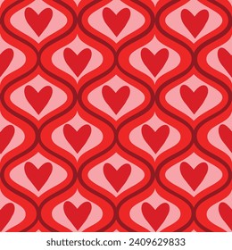 Red hearts on mid century ogee ovals seamless pattern. For Valentines day background, wrapping paper, home décor and fabric