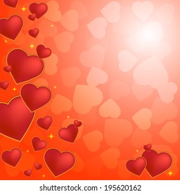 Red hearts on the orange background 