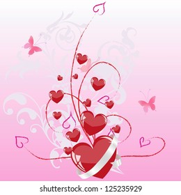 Lot of red hearts on a pink background.